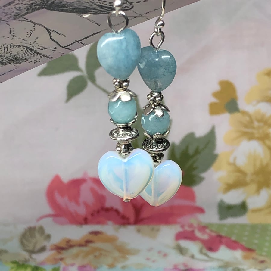 Opalite heart and Aquamarine earrings Folksy