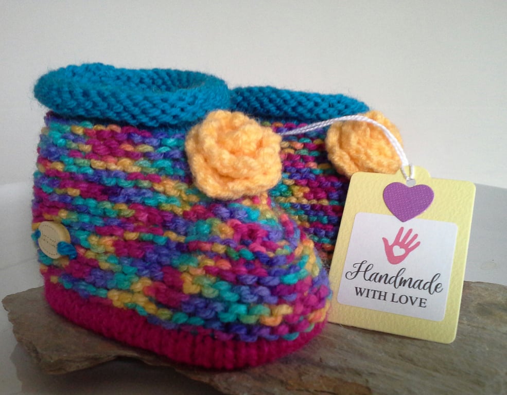 Knitted Baby Girl's Aran Rainbow Slippers -Booties  9- 12 months size