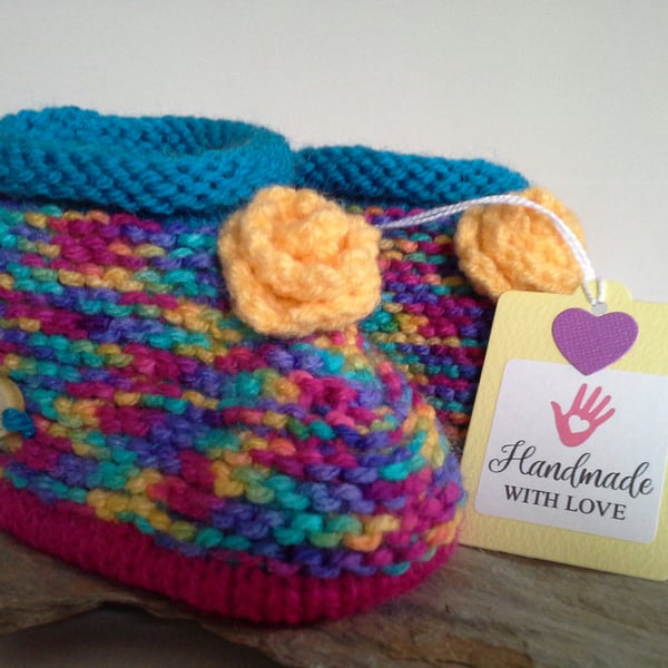 Knitted Baby Girl's Aran Rainbow Slippers -Booties  9- 12 months size
