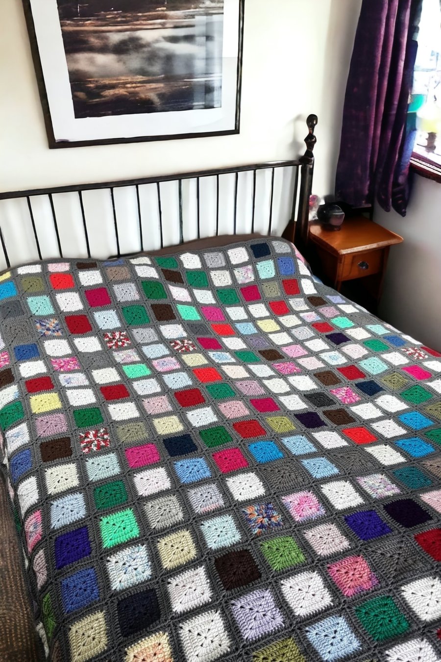 King size hand crocheted vintage style granny square blanket  