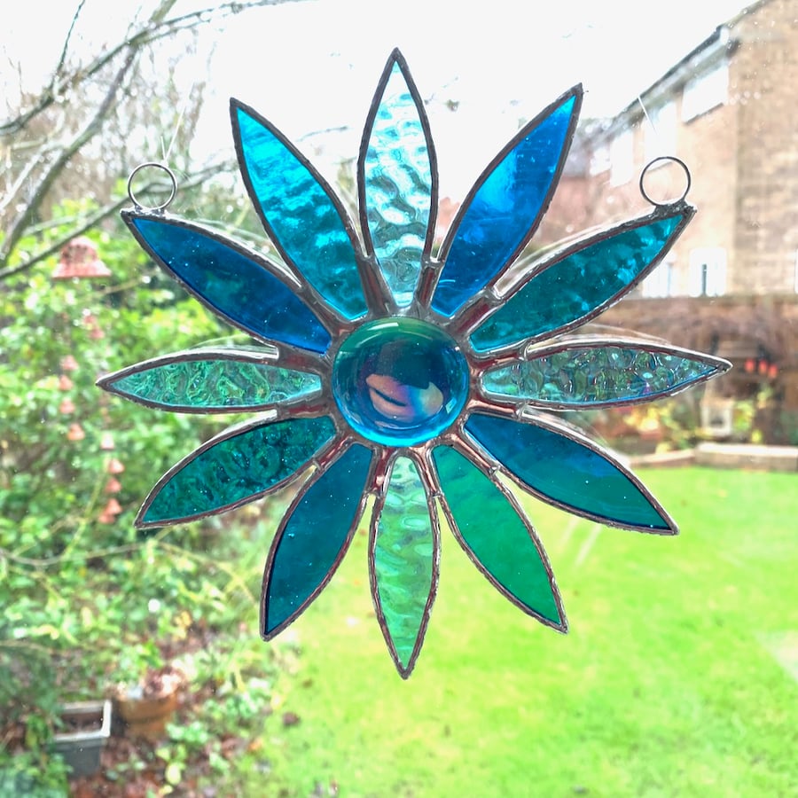 Stained Glass Daisy Suncatcher Handmade Hanging Decoration - Turquoise