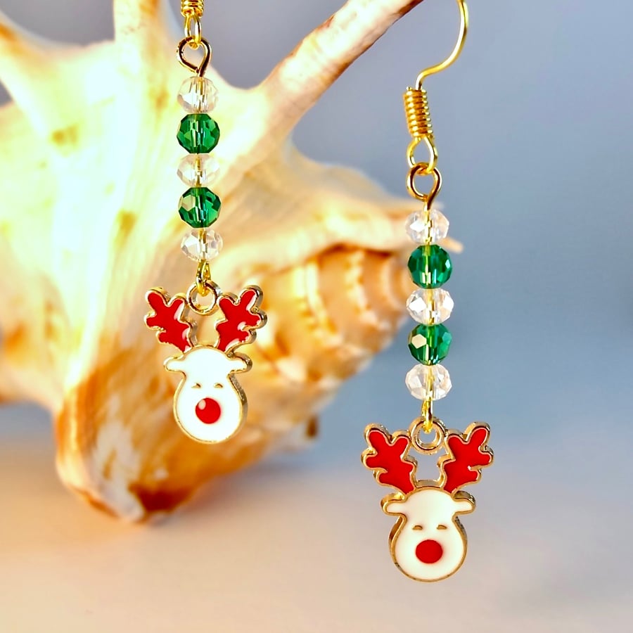 Christmas Earrings - Enamel Reindeer & Sparkly Glass Beads - Free UK P&P