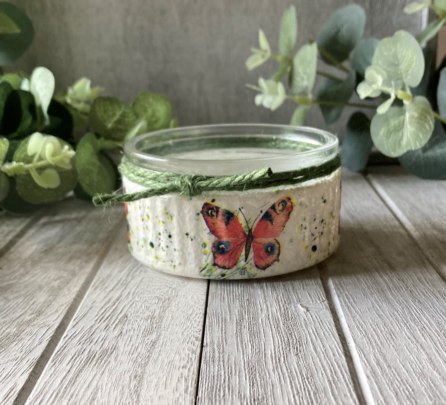 Decoupage Glass Trinket Dish, Tealight Holder - Butterfly Rustic Home Decor