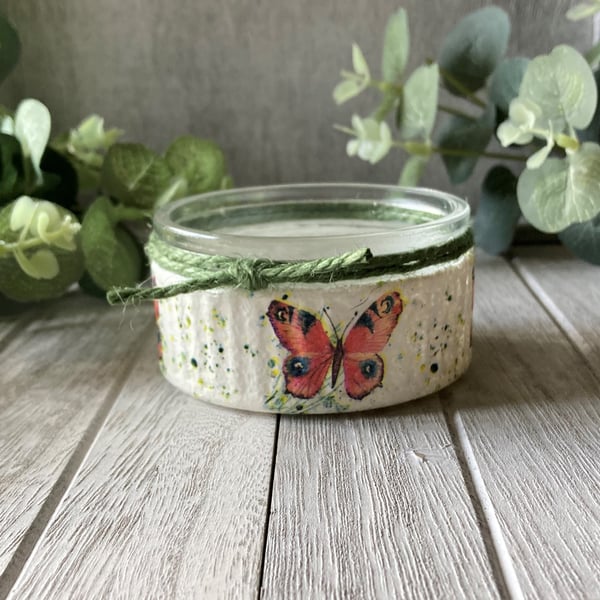 Decoupage Glass Trinket Dish, Tealight Holder - Butterfly Rustic Home Decor