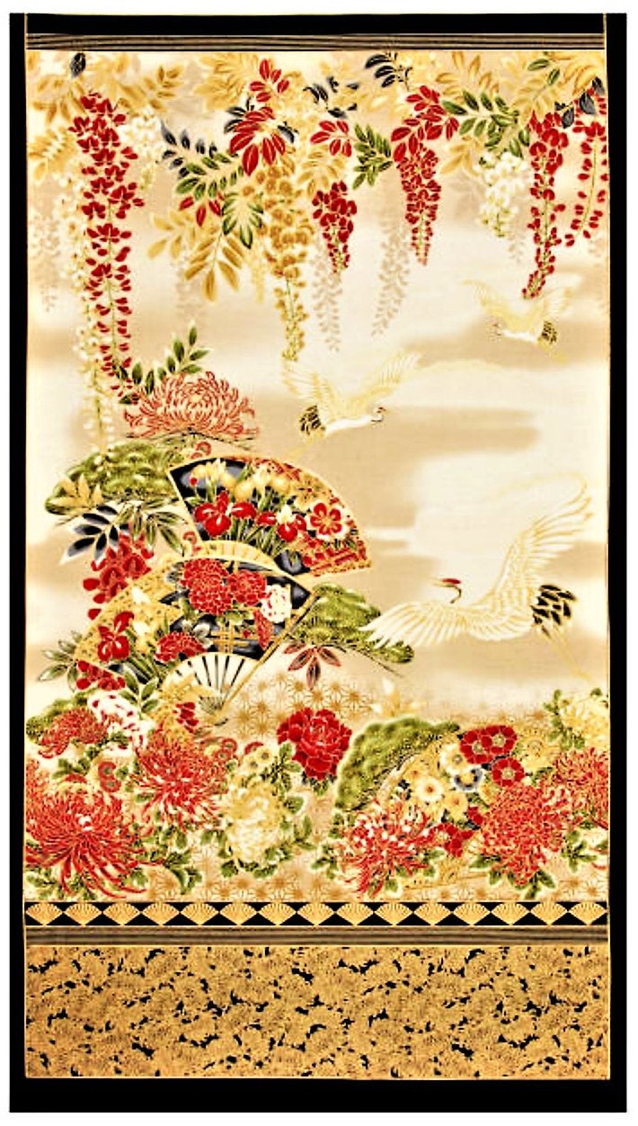 Kaufman Imperial Collection Panel Cranes Metallic Red Fabric 44" x 24"