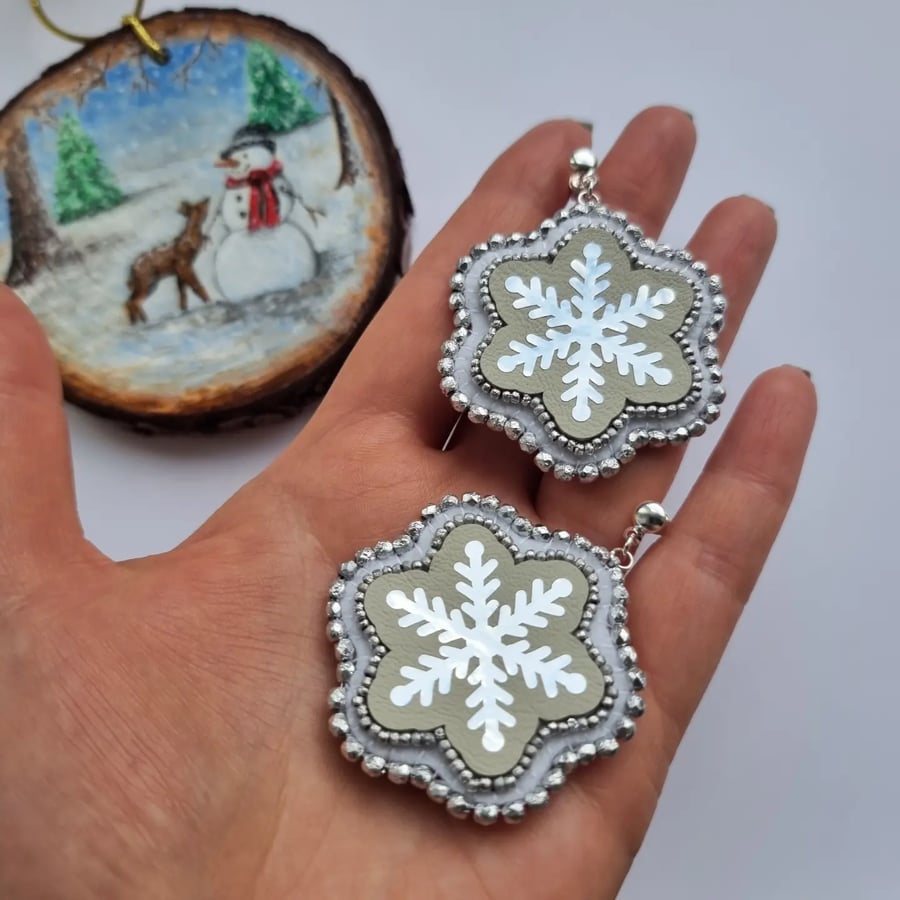 Large Snowflake Earrings, Stud Earrings,Handmade Beaded Sterling Silver Earrings