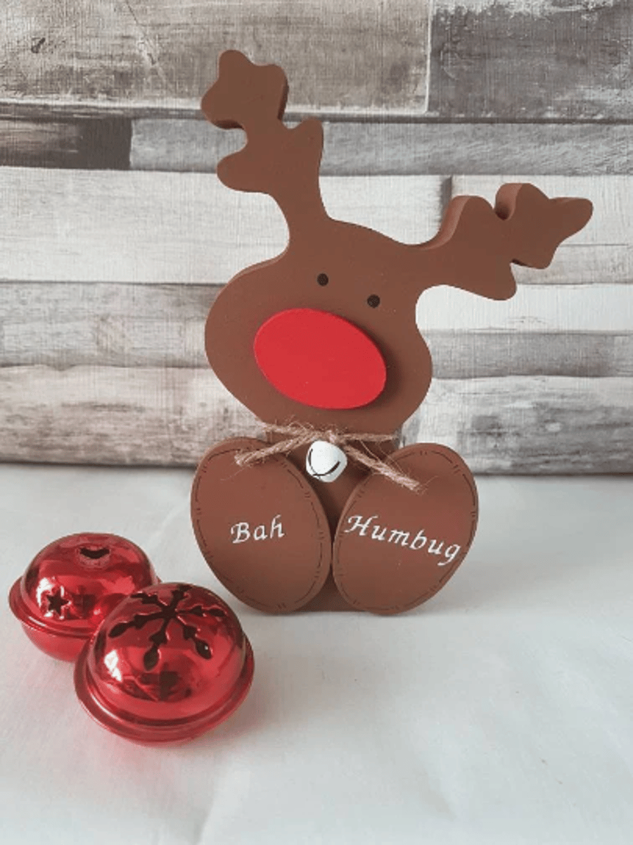 Bah Humbug wonky Reindeer, free standing wooden reindeer, christmas decoration