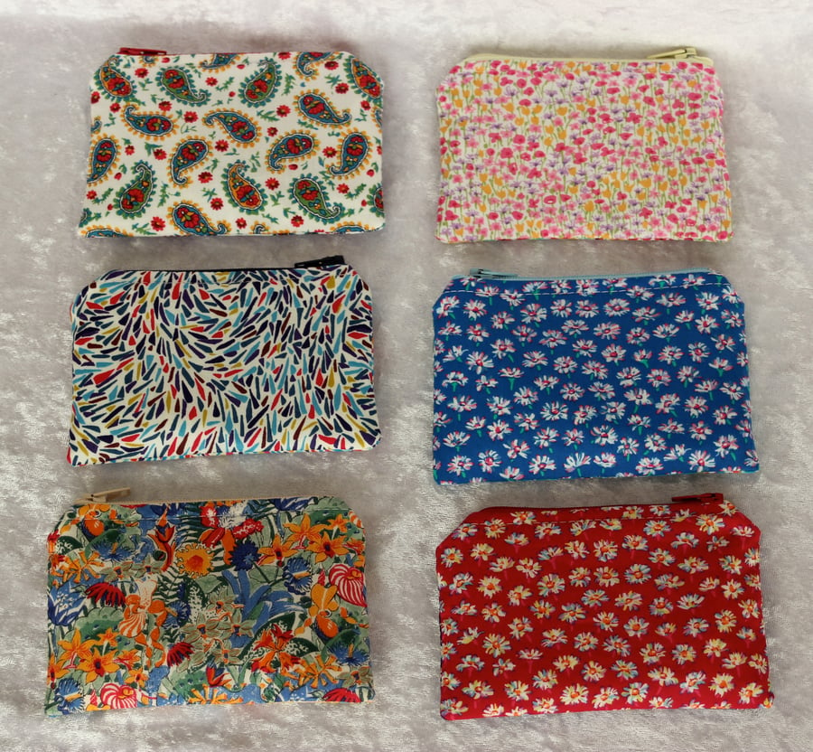 Set of 6 Liberty Print Double Pattern Sided Coin Purses FREE P&P