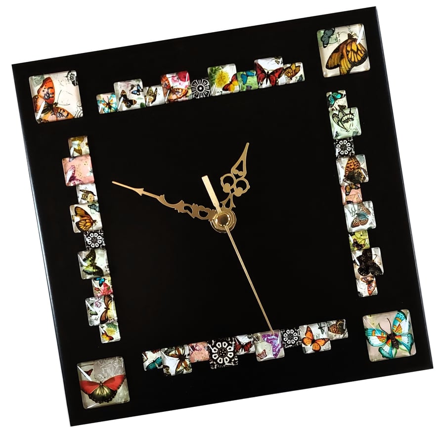 Black Square Butterfly Cabochon Wall Clock 20cm x 20cm