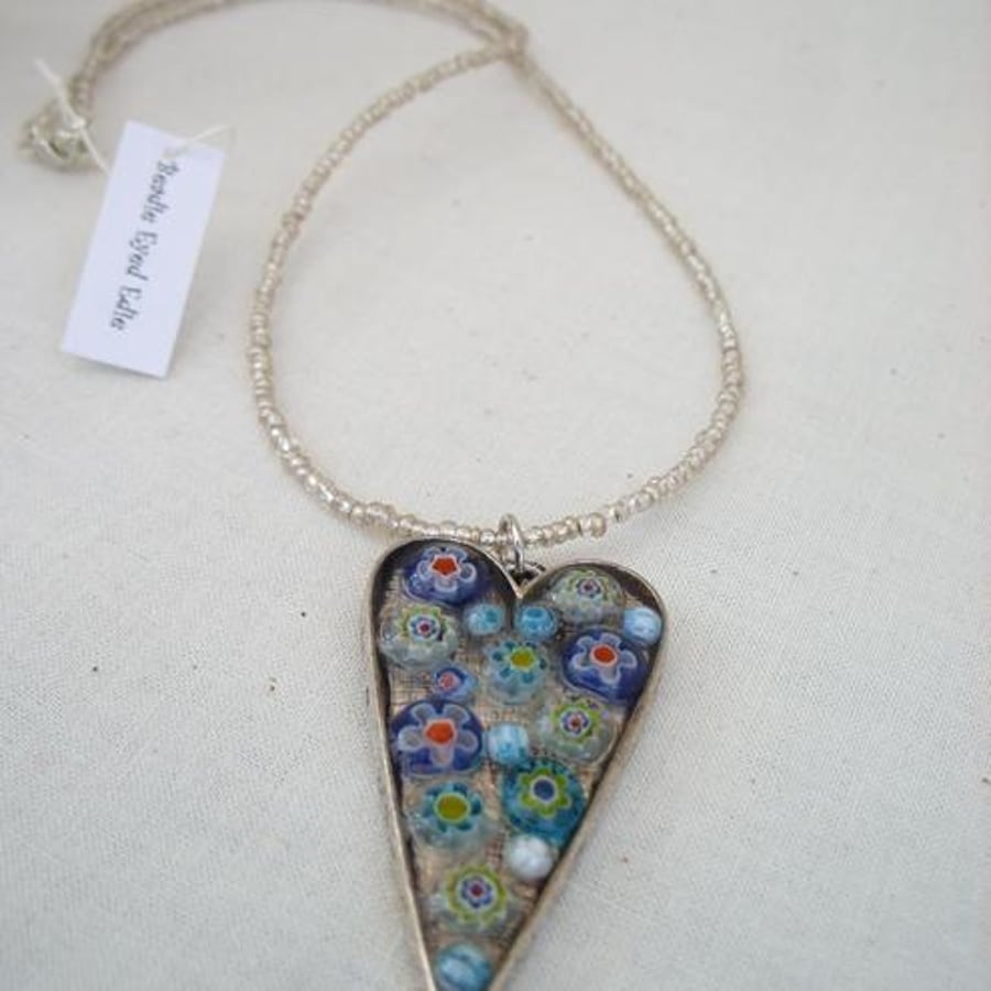Blue Millefiori Heart Pendant