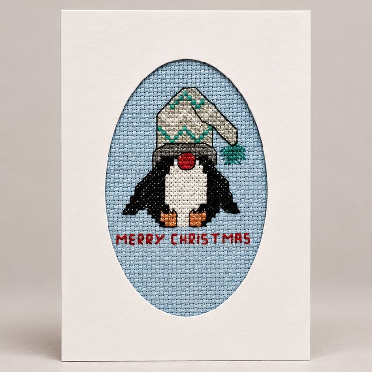 Handmade Cross Stitch Penguin Christmas Card – Merry Christmas