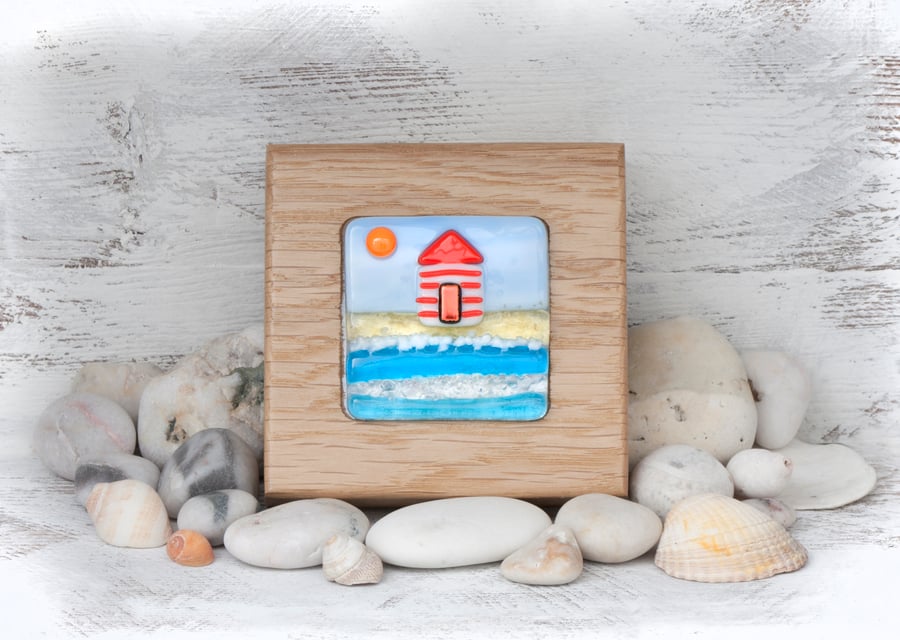 Fused Glass Picture of Beach Hut set in a Handcrafted Oak Frame