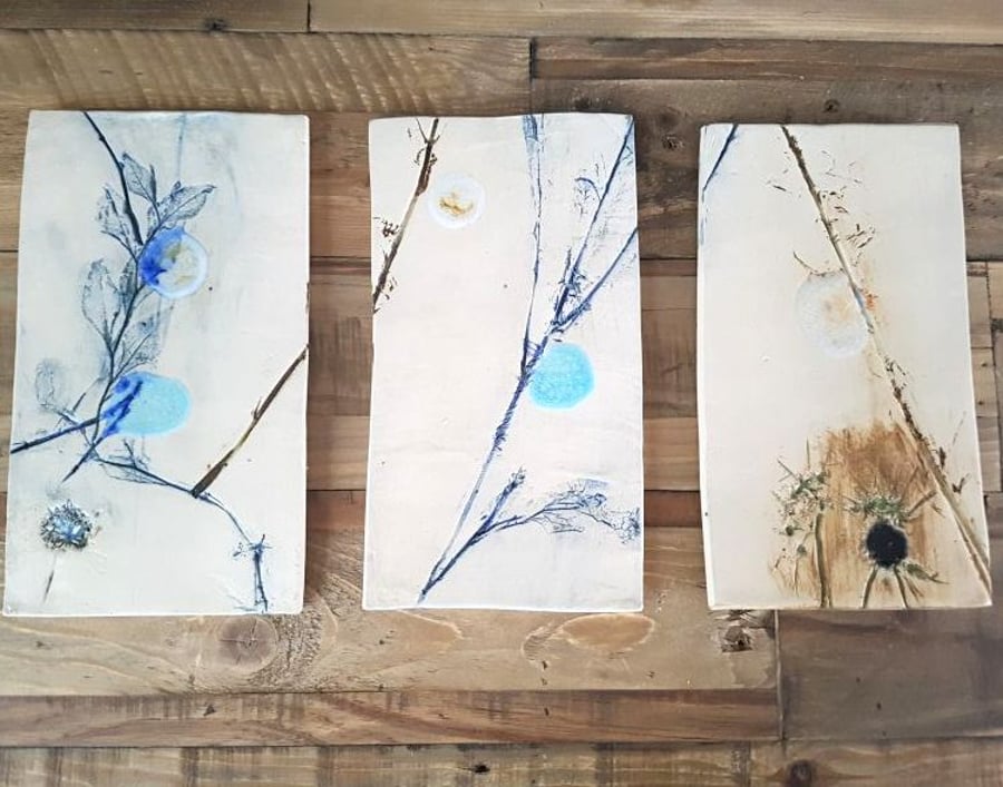 Moonlit Meadow Ceramic Wall Hanging Tiles Triptych