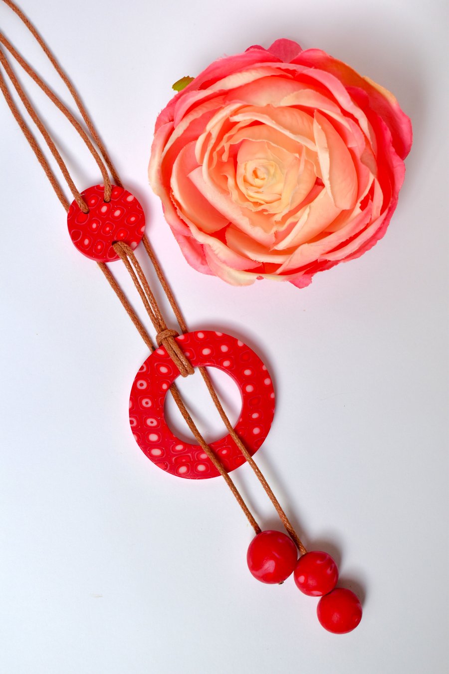 Glitter Red & Pale Pink, Handmade Polymer Clay & Cotton Lariat Necklace