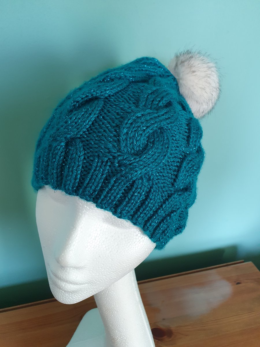 Teal Aran Beanie With Faux Fur Pompom