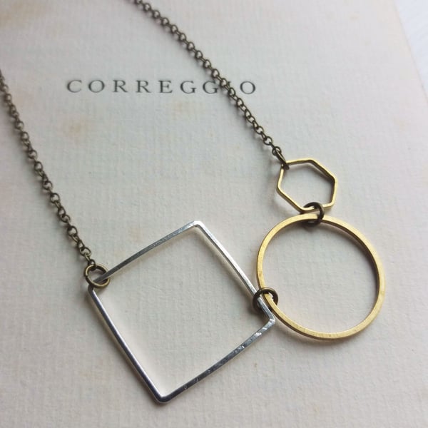 Geometric Row shapes necklace - square circle hexagon row - geometric jewellery 