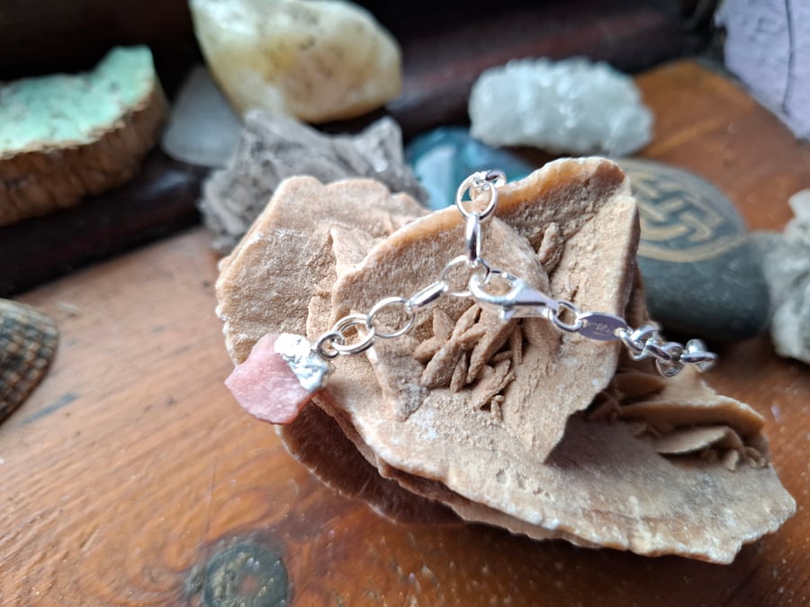 Raw Pink Opal Crystal and Sterling Silver Bracelet - October Birthstone