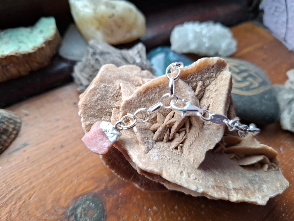 Raw Pink Opal Crystal and Sterling Silver Bracelet - October Birthstone