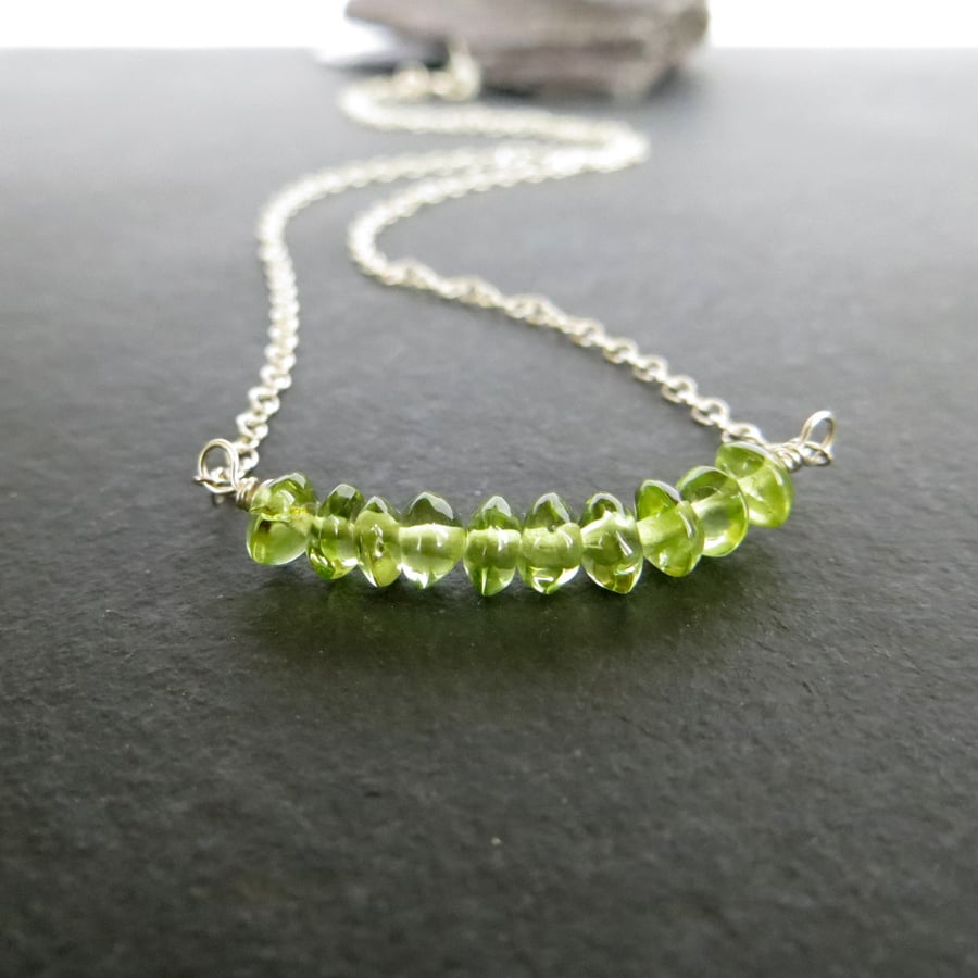 Peridot Bar Pendant, August Birthstone Necklace, Sterling Silver, Green Gemstone