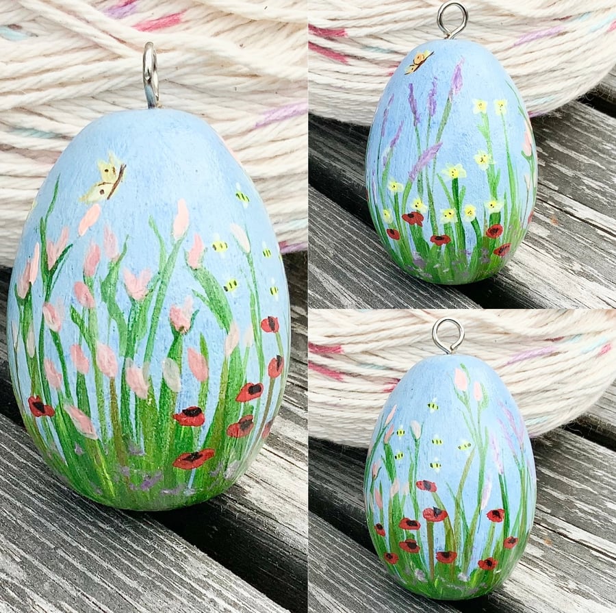 Hand Painted Egg. Painted Wooden Egg. Baubles. Hanging  Decorations. Flowers.
