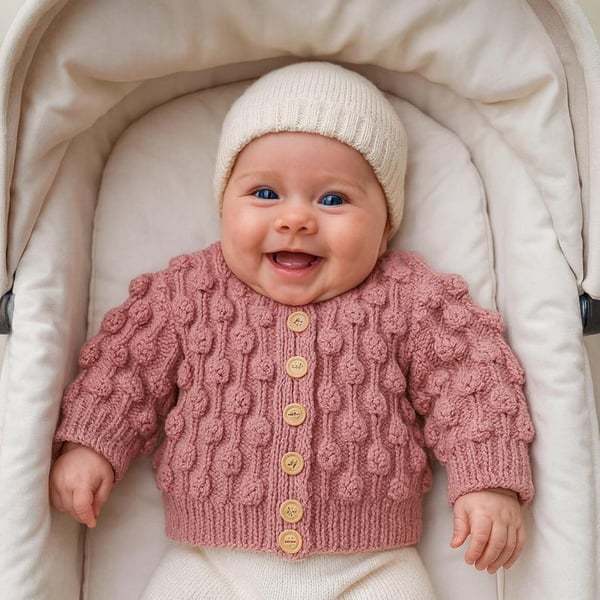 Pink Hand-Knitted Baby Girl Cardigan, Bobble Pattern, Wooden Buttons, 0-6 Months