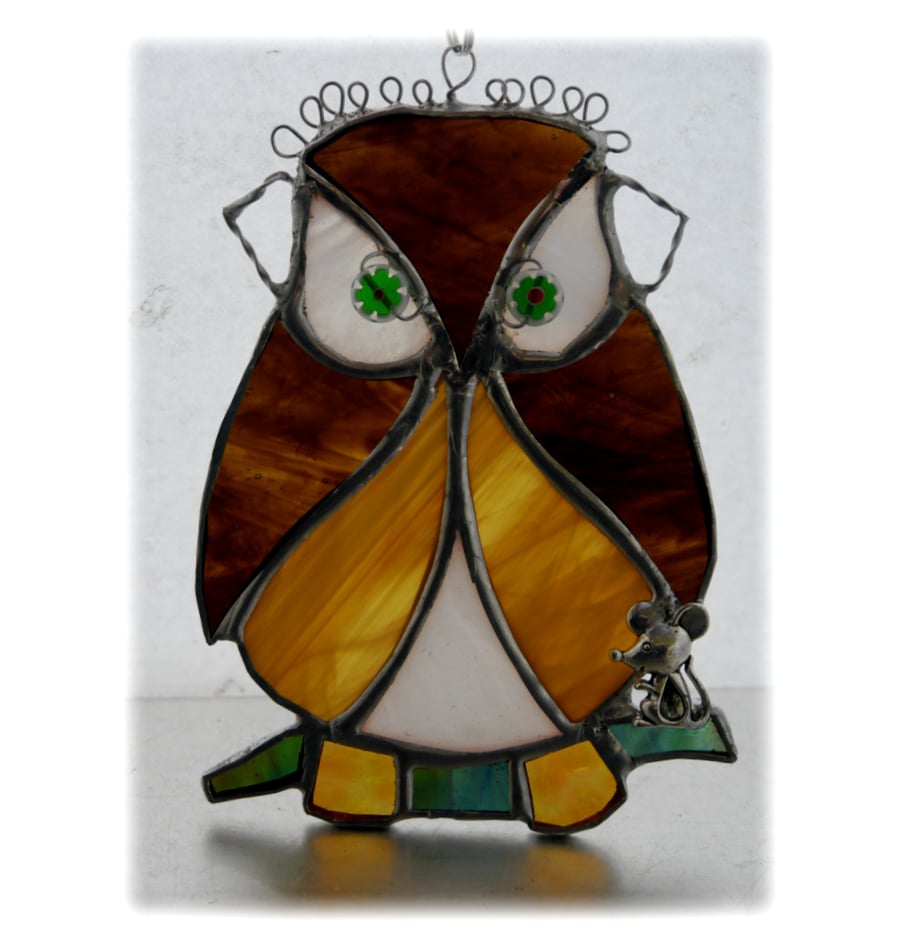 Owl and Mouse friend Suncatcher Stained Glass Handmade Bird 028 