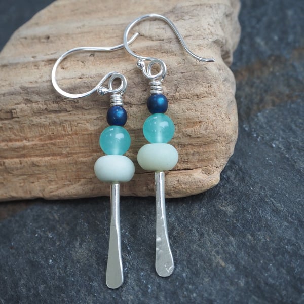 Earrings, Silver Rod Earrings with Frosted Amazonite and Blue Glass