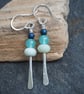 Earrings, Silver Rod Earrings with Frosted Amazonite and Blue Glass