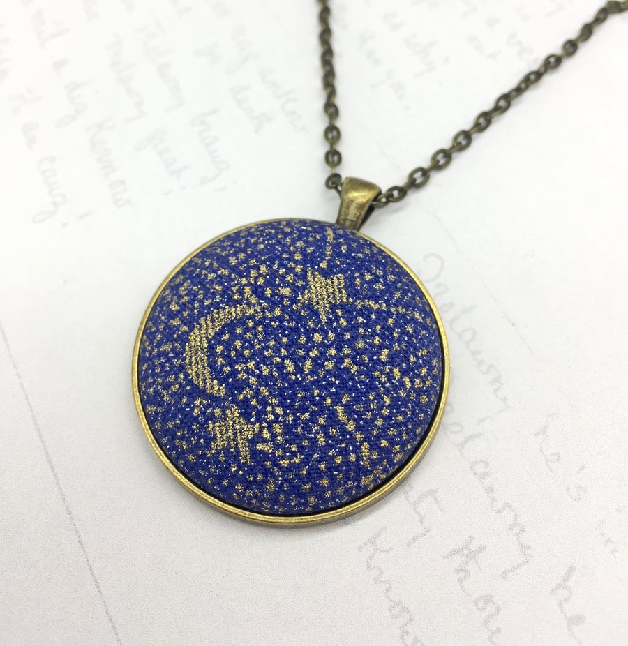 Shooting stars with crescent moon fabric button pendant antique bronze finish