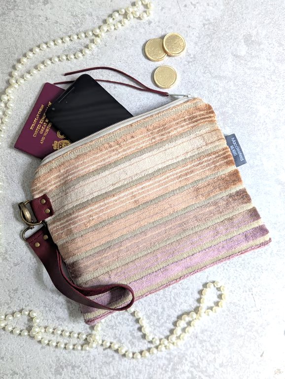 Clutch Pouch Bag - Striped Chenille Pouch Bag with Detachable Leather Strap