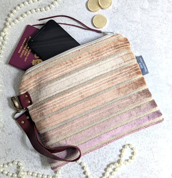 Clutch Pouch Bag - Striped Chenille Pouch Bag with Detachable Leather Strap
