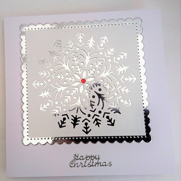 Happy Christmas Card. Elegant Silver Snowflake Design. FREE P&P TO UK 