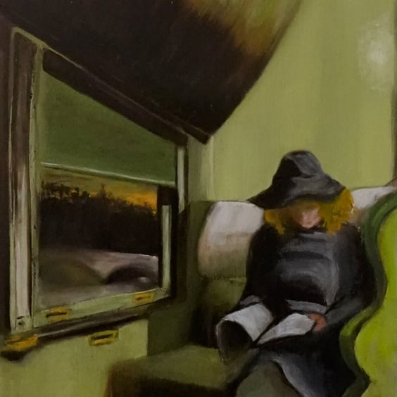 'Train Compartment', Inspired by Hopper, oil painting 16 x 12 inch (40x30cm).