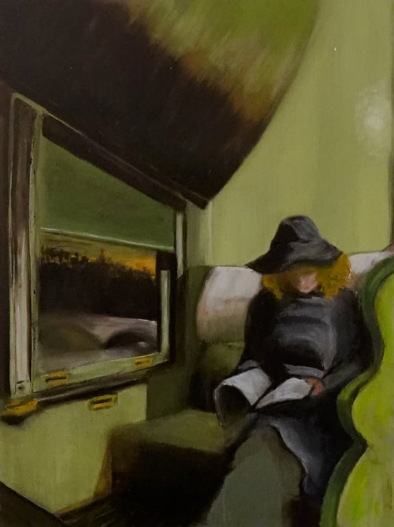 'Train Compartment', Inspired by Hopper, oil painting 16 x 12 inch (40x30cm).