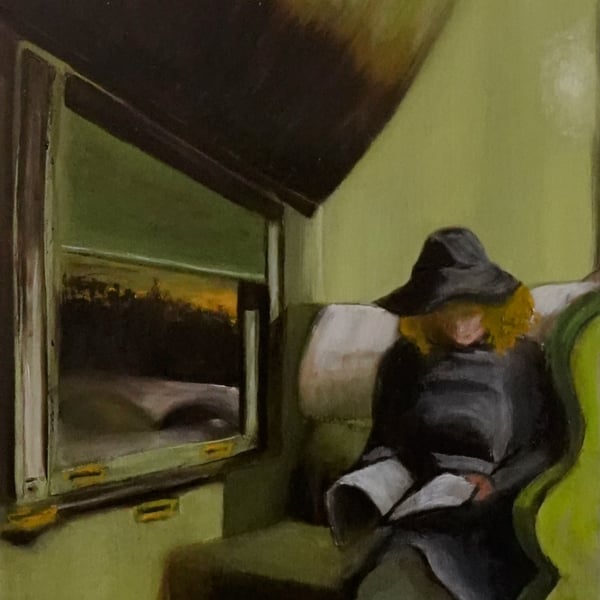 'Train Compartment', Inspired by Hopper, oil painting 16 x 12 inch (40x30cm).