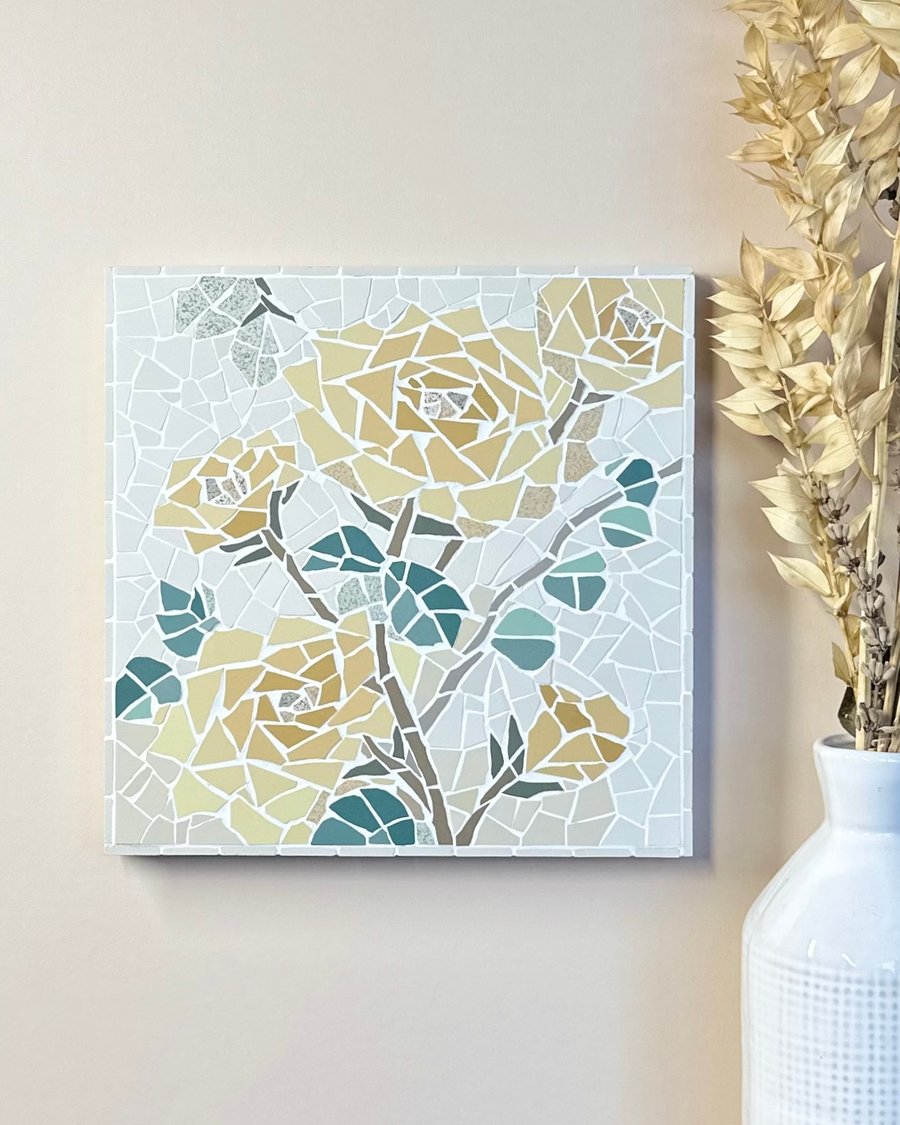 Mosaic Floral Art - Yellow Rose Mosaic Wall Plaque in White 