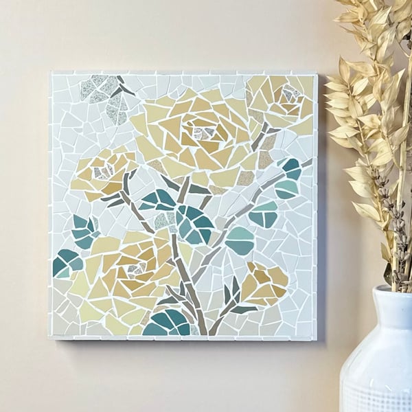 Mosaic Floral Art - Yellow Rose Mosaic Wall Plaque in White 