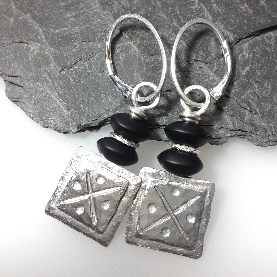 Silver and black jasper square tribal earrings