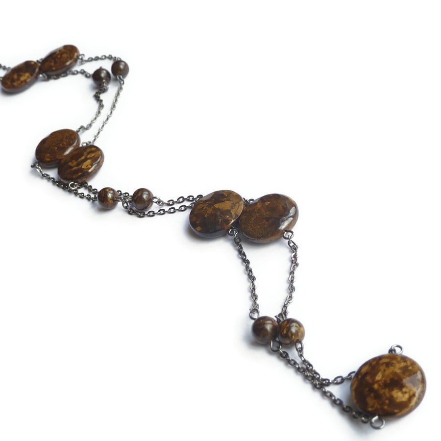 Bronzite Necklace - Brown Semi-Precious Stone Necklace - Long Dangle Chain