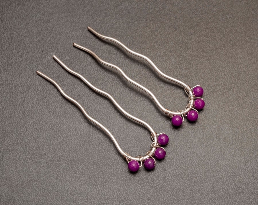 Two fushia quartz Hair Forks,Metal Hair Pick,pink crackled quartz Hair forks ,