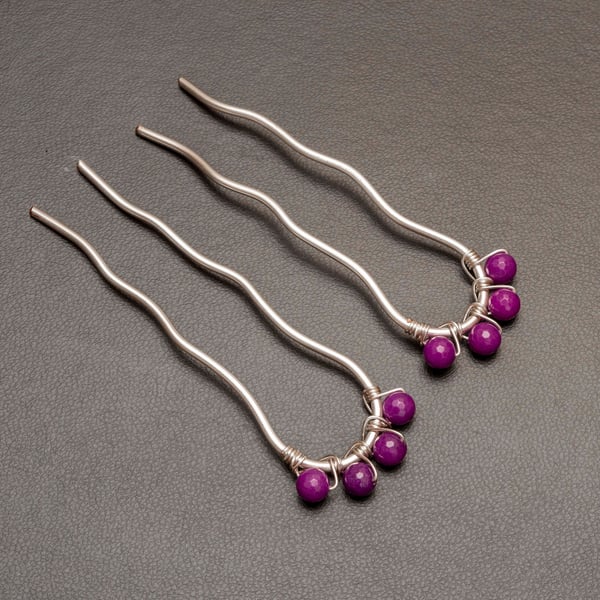 Two fushia quartz Hair Forks,Metal Hair Pick,pink crackled quartz Hair forks ,