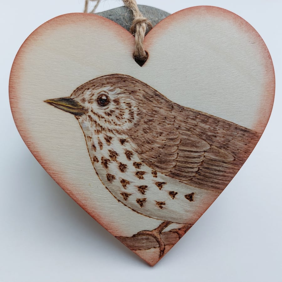 Song thrush pyrography hanging heart ornament 