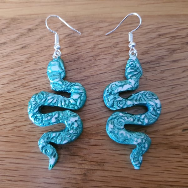 Drop Snake Earrings with a Embossed Damask Effect Pattern