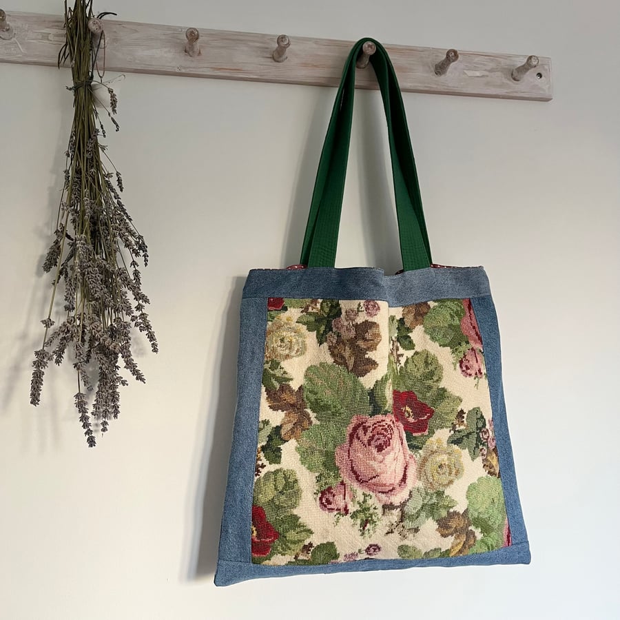 Roses rescued tapestry and reclaimed denim tote bag one of a kind