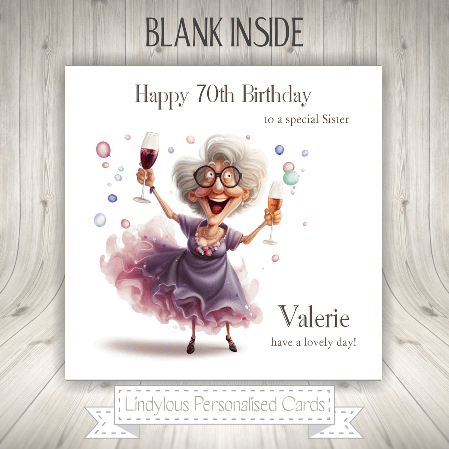 Party Funny Old Lady Drink Dance Personalised Birthday Card Mum Grandma Auntie