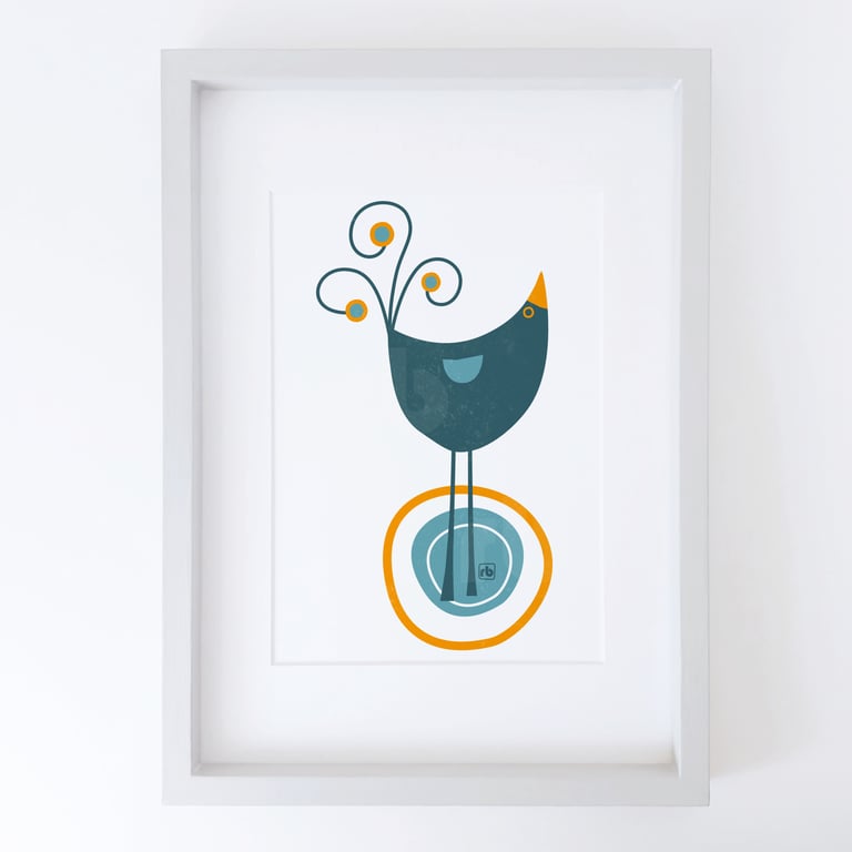 Blackbird In The Pond, bird illustration, original Giclee print