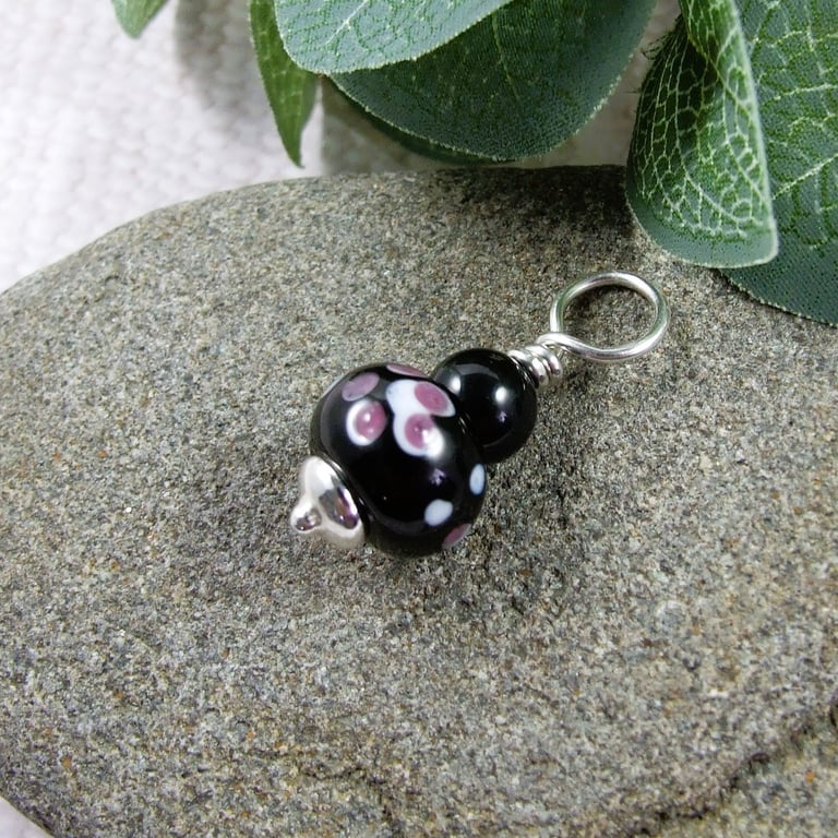 Black Flower Glass Bead Pendant, Sterling Silver & Onyx - Chain is Optional