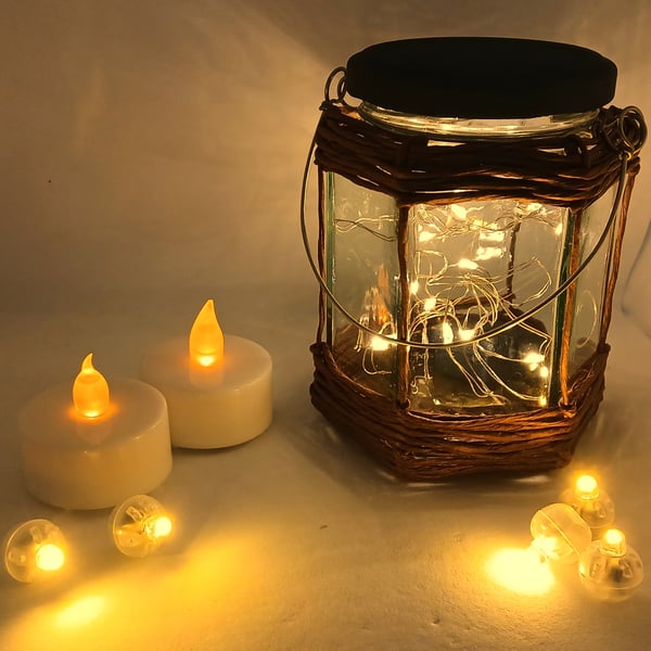 Rustic, Upcycled Glass Jar Lantern with Fairy Lights (Hexagonal, Dark Brown)