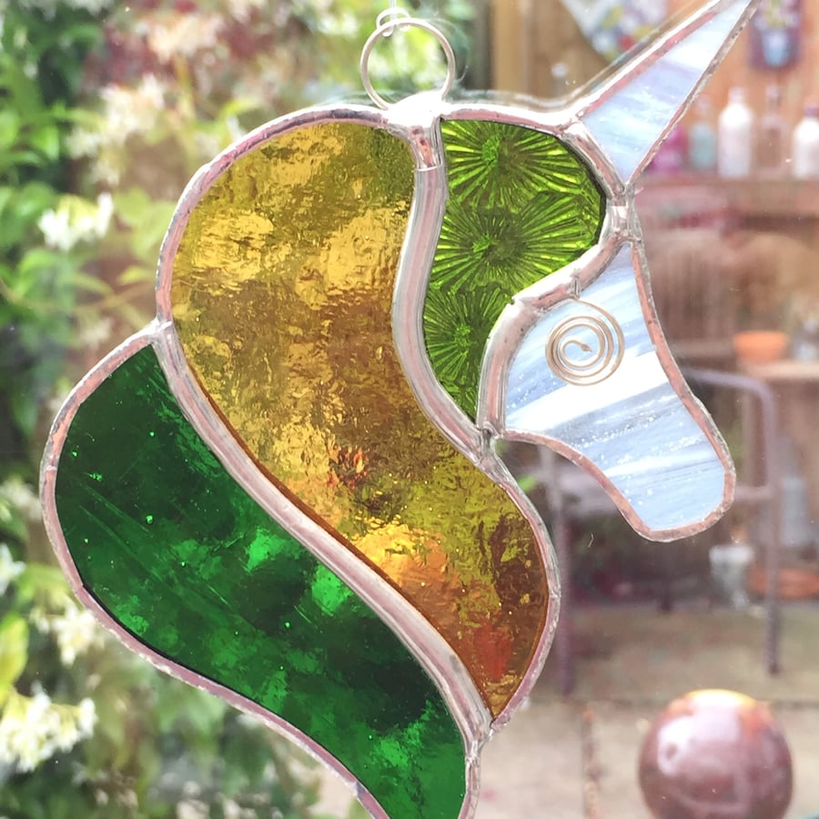 Stained Glass Unicorn Suncatcher - Handmade Decoration - Lime Amber Green