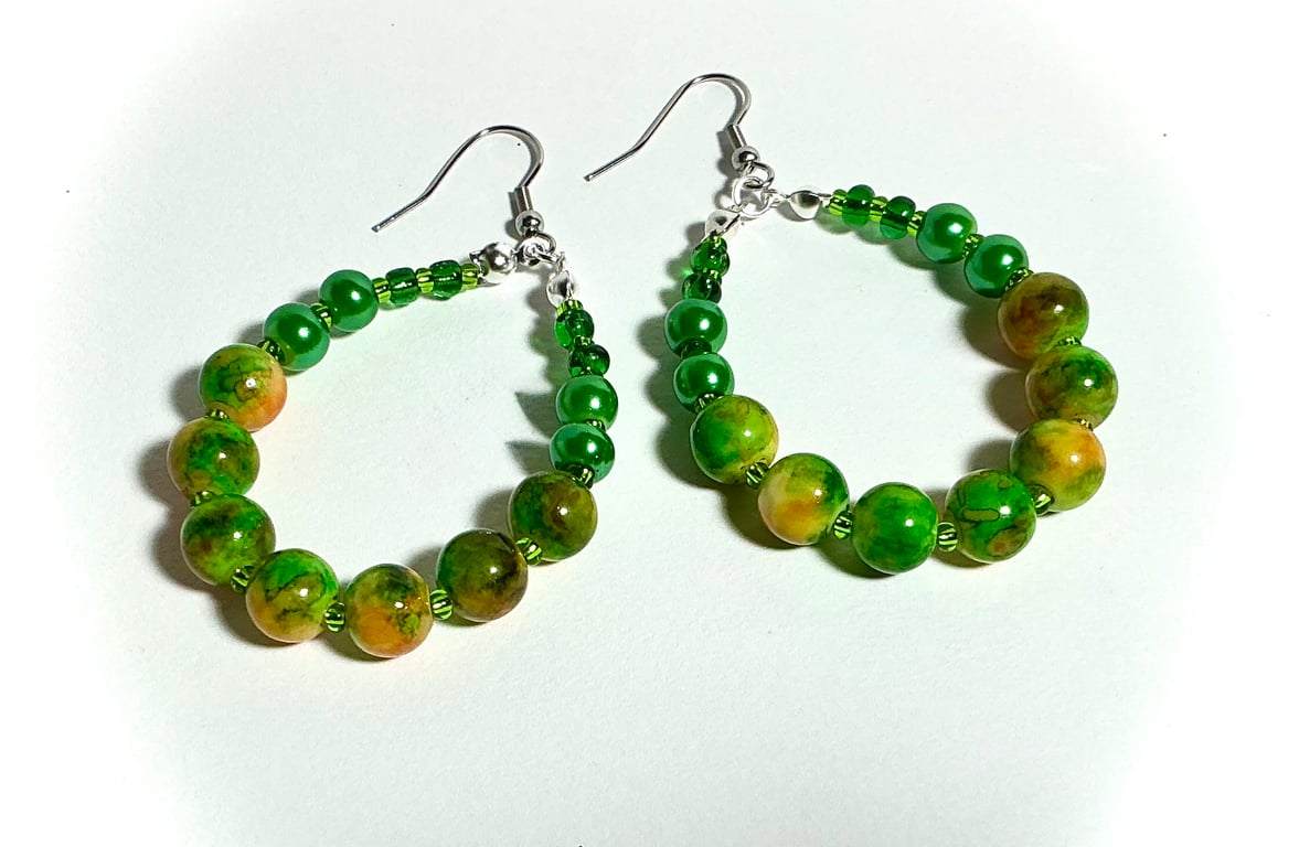 Beaded Hoop Earrings Green & Yellow